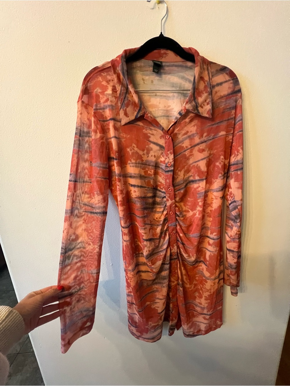 Wild Fable Sheer Orange and Pink Patterned Button-Front Mini Dress